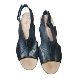 New Clark's Lafley Rosen Black Leather Wedge Espadrille Sandals‎ Womens Size 9